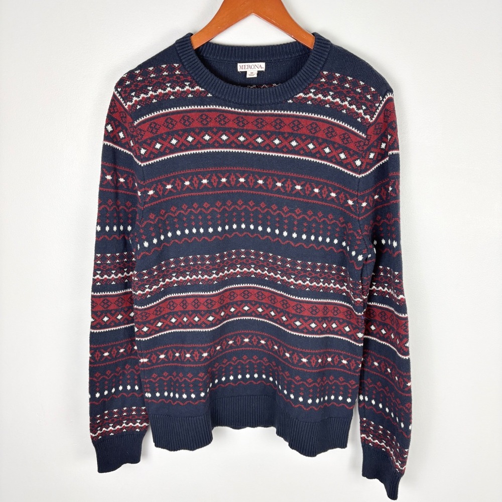 Merona Navy Red White Fair Isle Knit Sweater‎ Pullover Long Sleeve Size M